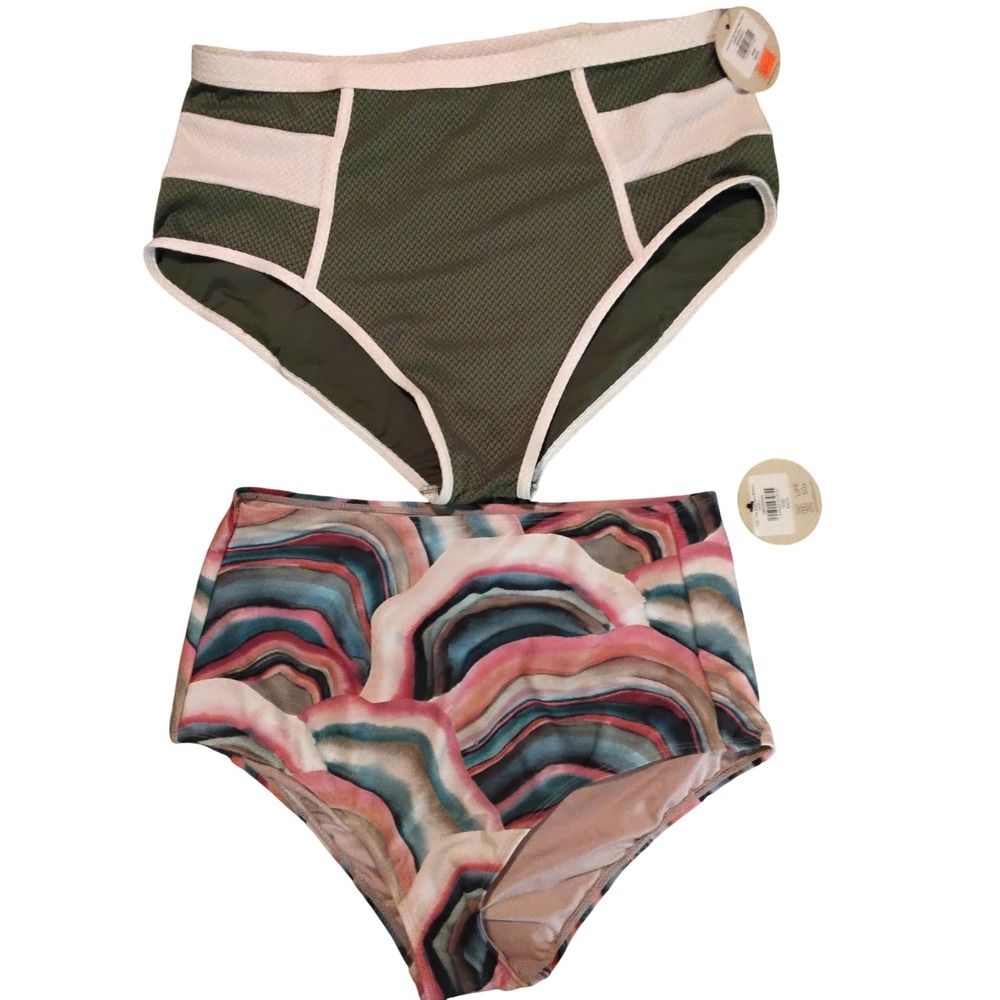Downeast Basics High Rise Bikini Bottoms Bundle Green Marble UPF 50+ Large NWT